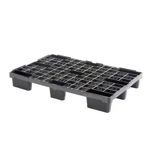 Nestable plastic container pallet 1140 x 760 x 155mm with open deck and 9 legs