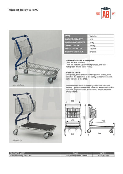Vario 90 Transport Trolley – Fixed Basket Trolley with Wire Platform