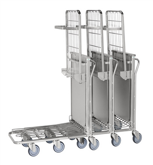 Galvanised steel ergonomic stackable shop trolley with spring-loaded upper shelf