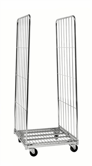 2-sided galvanised steel roll container with safety straps and 400kg load capacity