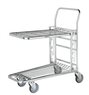 Galvanised stackable shop trolley with 3-position adjustable upper shelf and 300kg total load capacity.