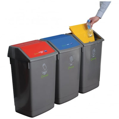 Recycling Bin Kit – 3 x 54L Swing Top Waste Bins with Coloured Flaps & Labels